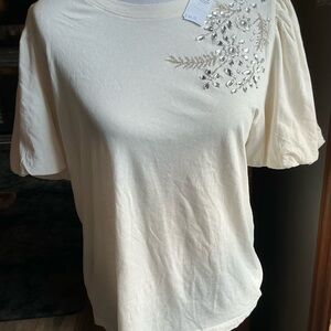 LOFT Cream Short Sleeve Top with Embellishments